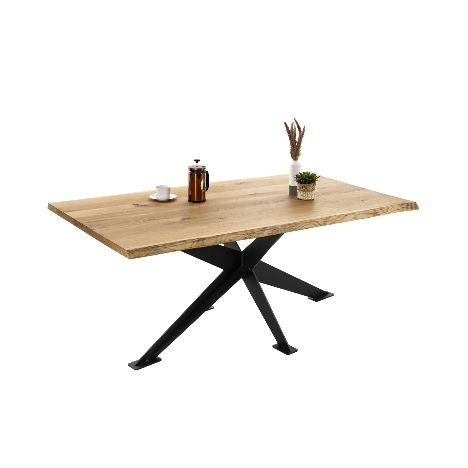 Baumkantentisch aus Eiche mit Spider I Tischgestell aus Stahl
