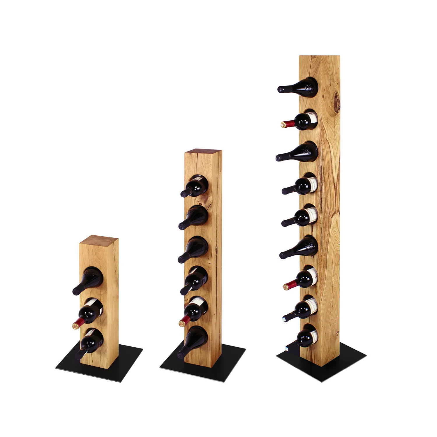 Drei Varianten des Weinregals mit drei, sechs und neun Flaschen