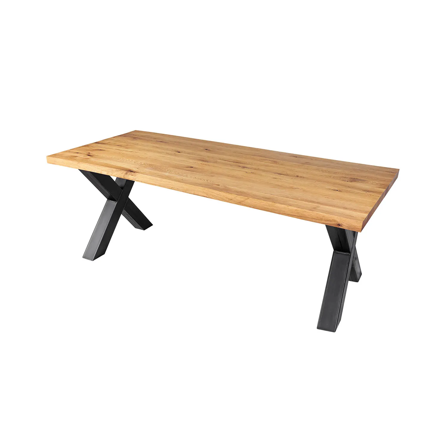 Holztisch aus Eiche mit X-gestell aus Stahl