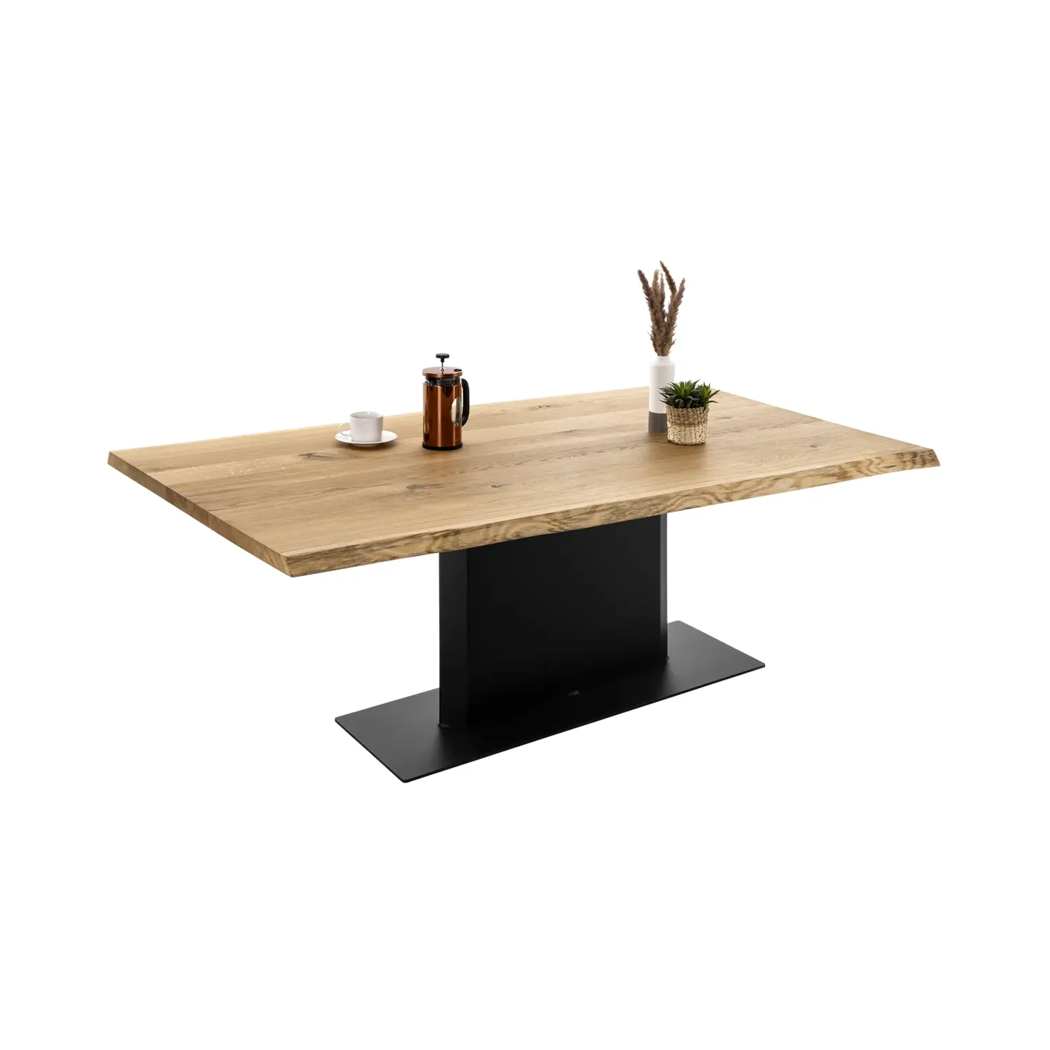 Eichenesstisch mit Baumkante auf Stahlsäule