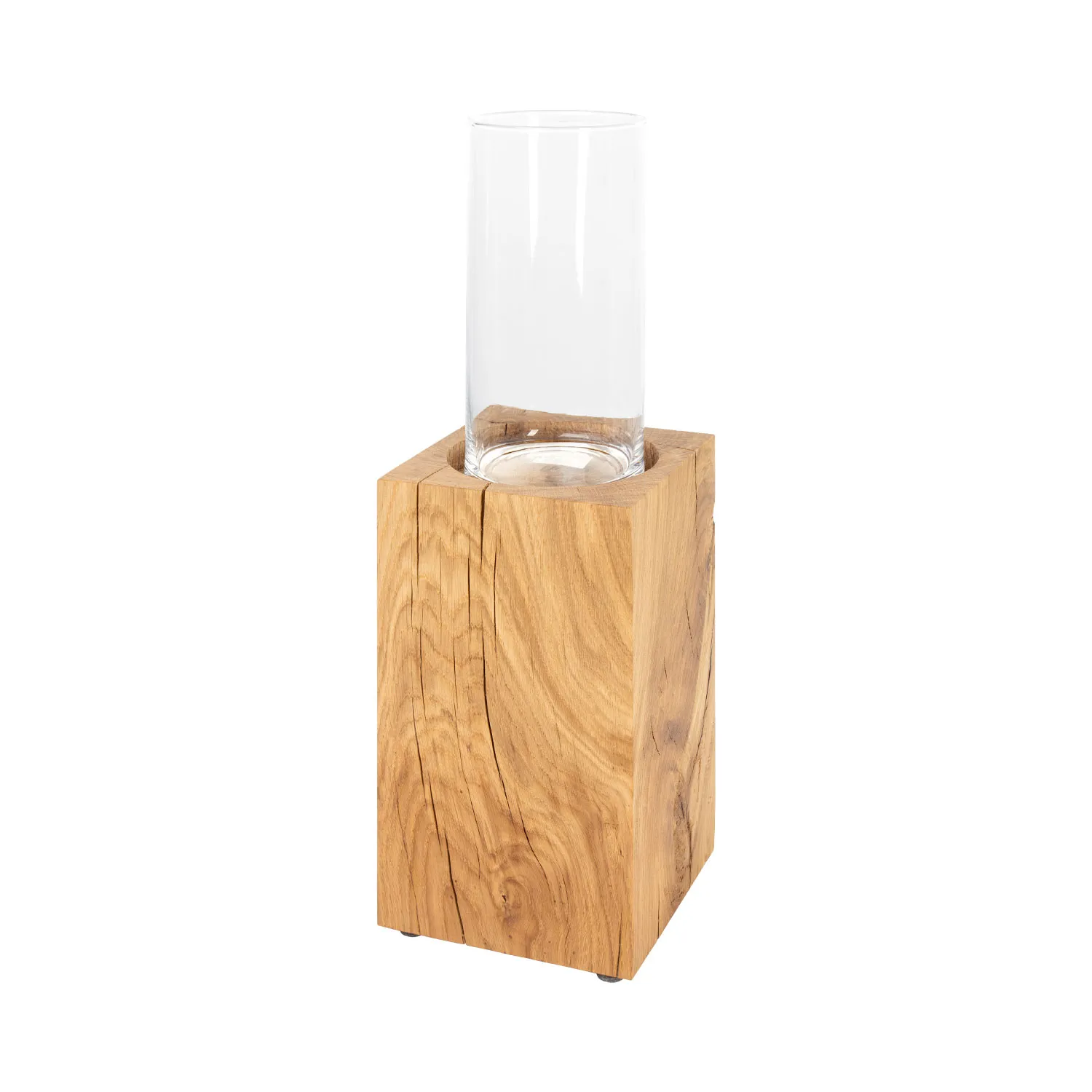 Dekosäule aus Holz mit Aussparung und durchsichtigem Zylinder aus Glas als Windlicht