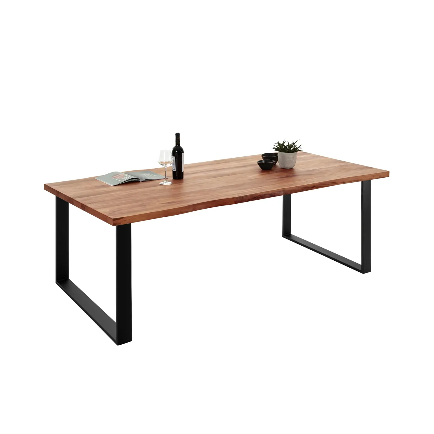 Massivholztisch aus Apfelbaumholz mit Baumkante auf U-Gestell in schwarz