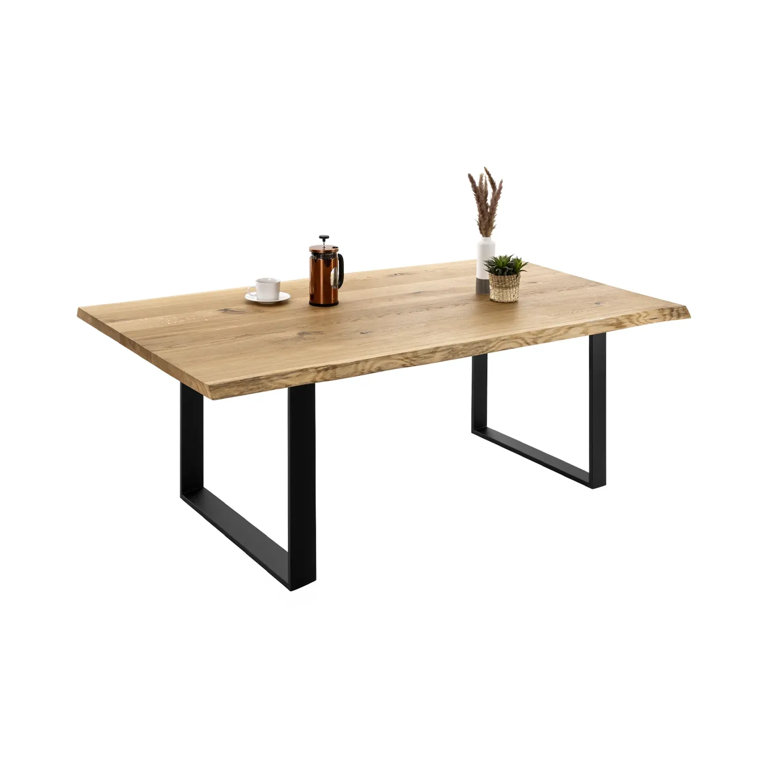 Massivholztisch aus Eiche mit Baumkante mit U-Gestell aus Vollstahl