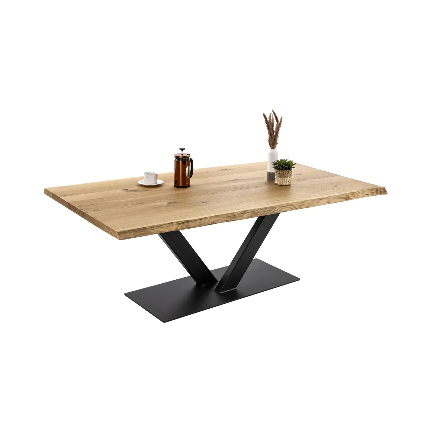 Esstisch mit Tischplatte aus Eiche mit Baumkante und Wang Gestell