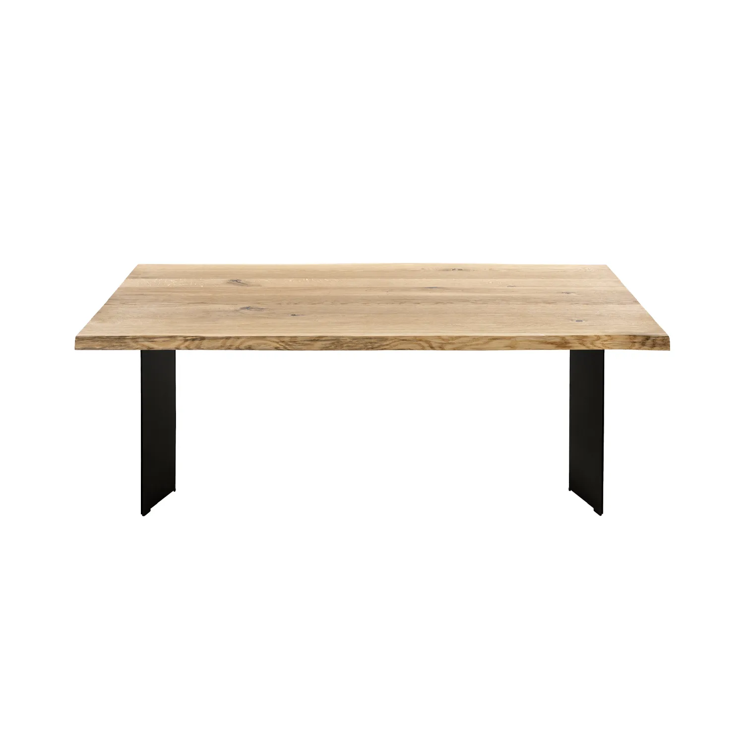 Holzbohlentisch aus Wildeiche mit Stahlwangengestell in schwarz