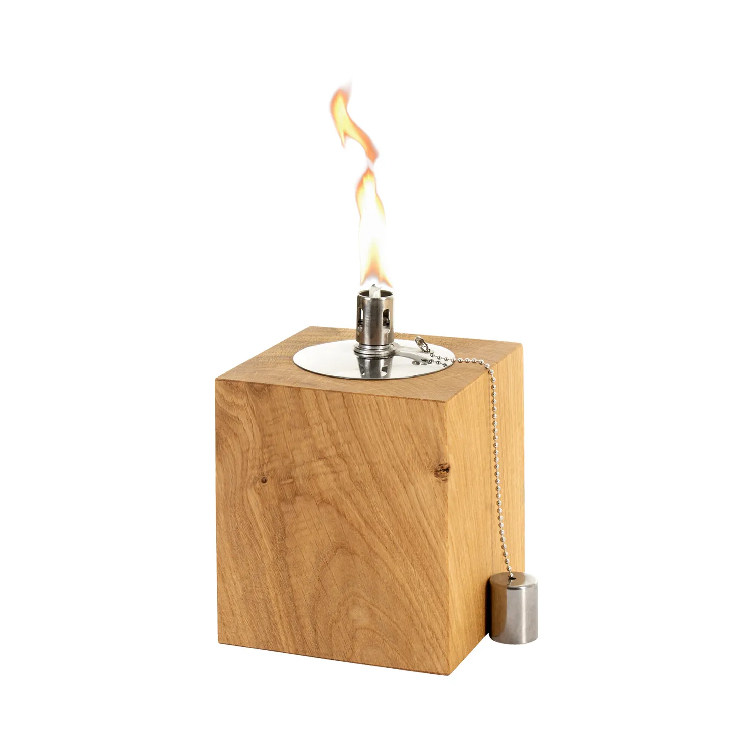 Tischfackel aus kleinem Block aus massivem Holz mit Flamme