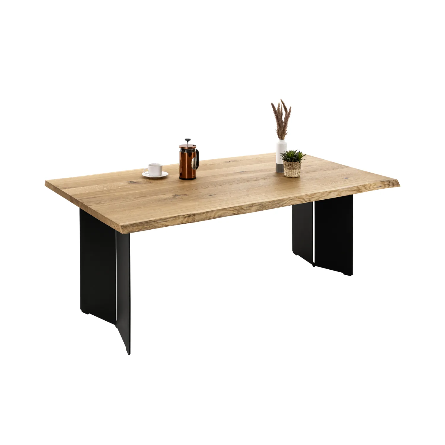 Esszimmertisch mit Tischplatte aus Eiche mit Baumkante auf Stahlwangen