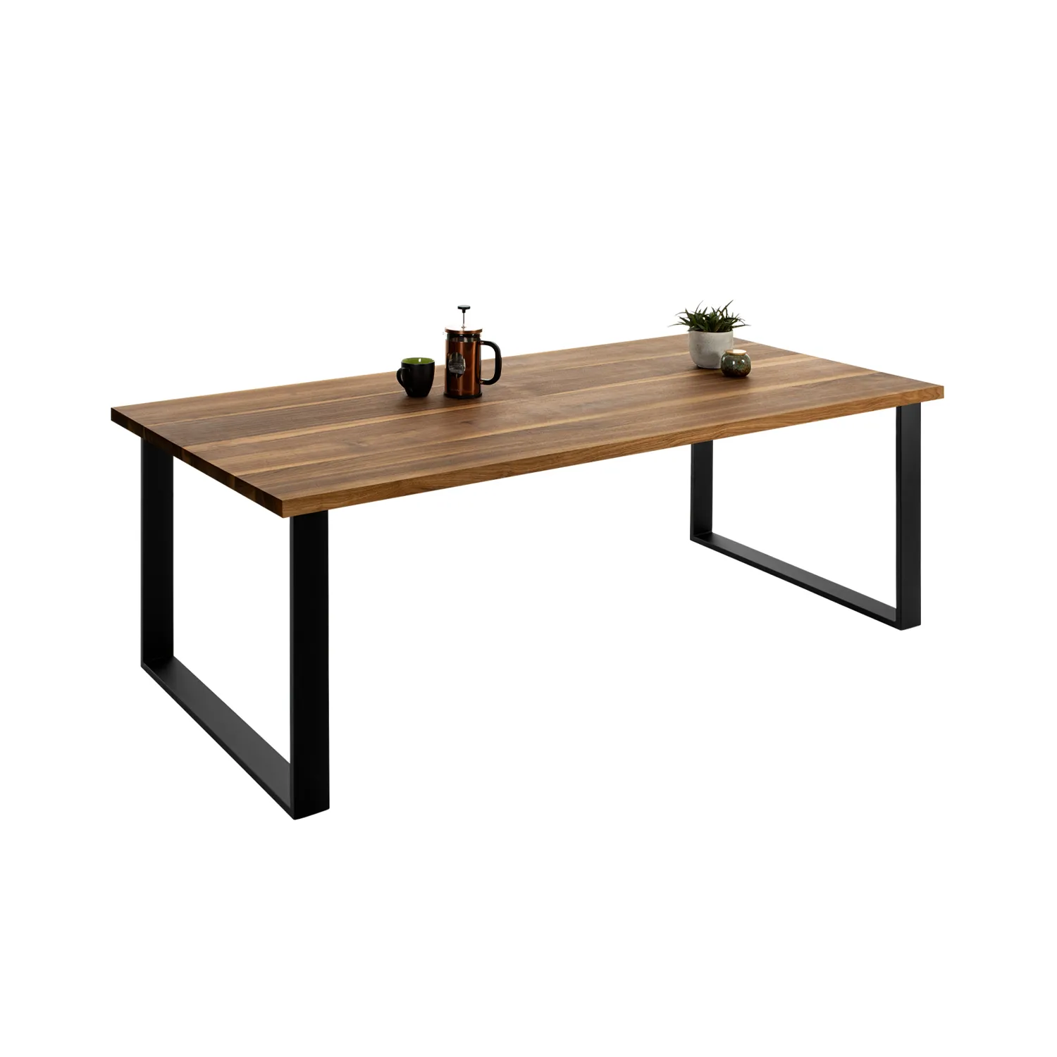 Massiver Tisch aus Nussbaumholz mit Stahlgestell in U-Form in schwarz
