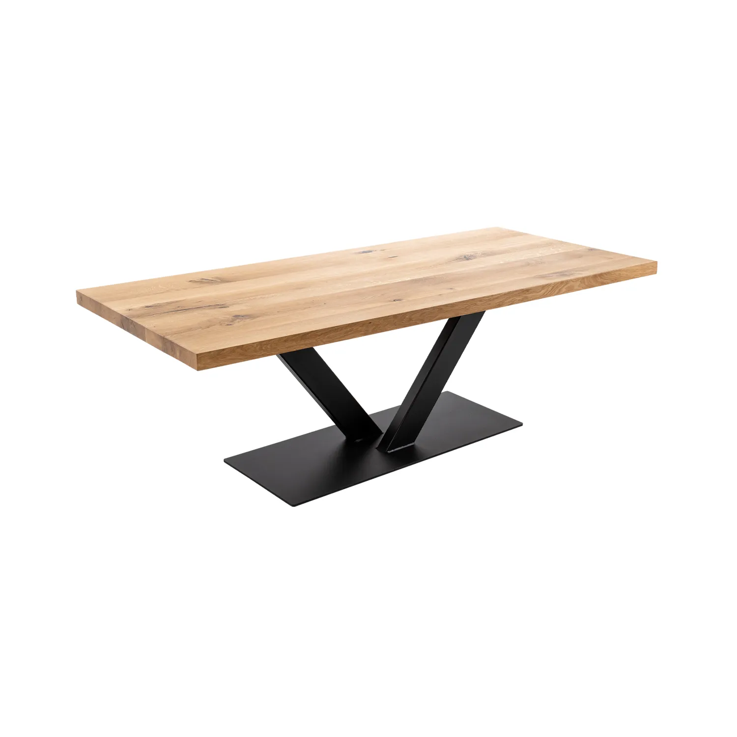 Eichenesstisch aus Massivholz mit V-Säule aus Stahl