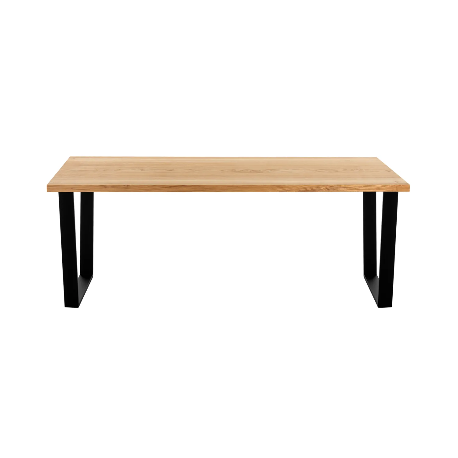 Holzesstisch aus Eschenbalken und Stahlgestell Seitenansicht