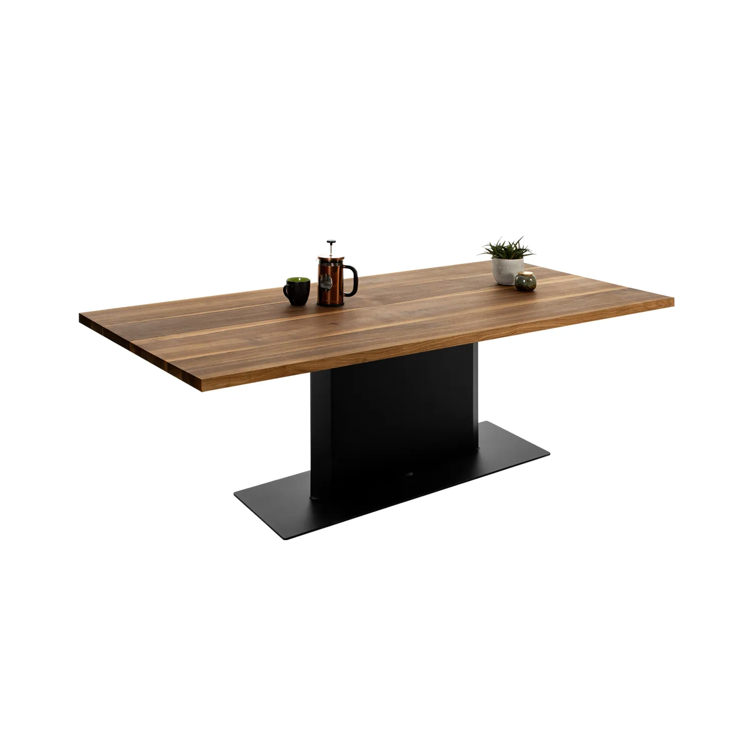 Esstisch mit Tischplatte aus massivem Nussbaum auf Stahlsäule