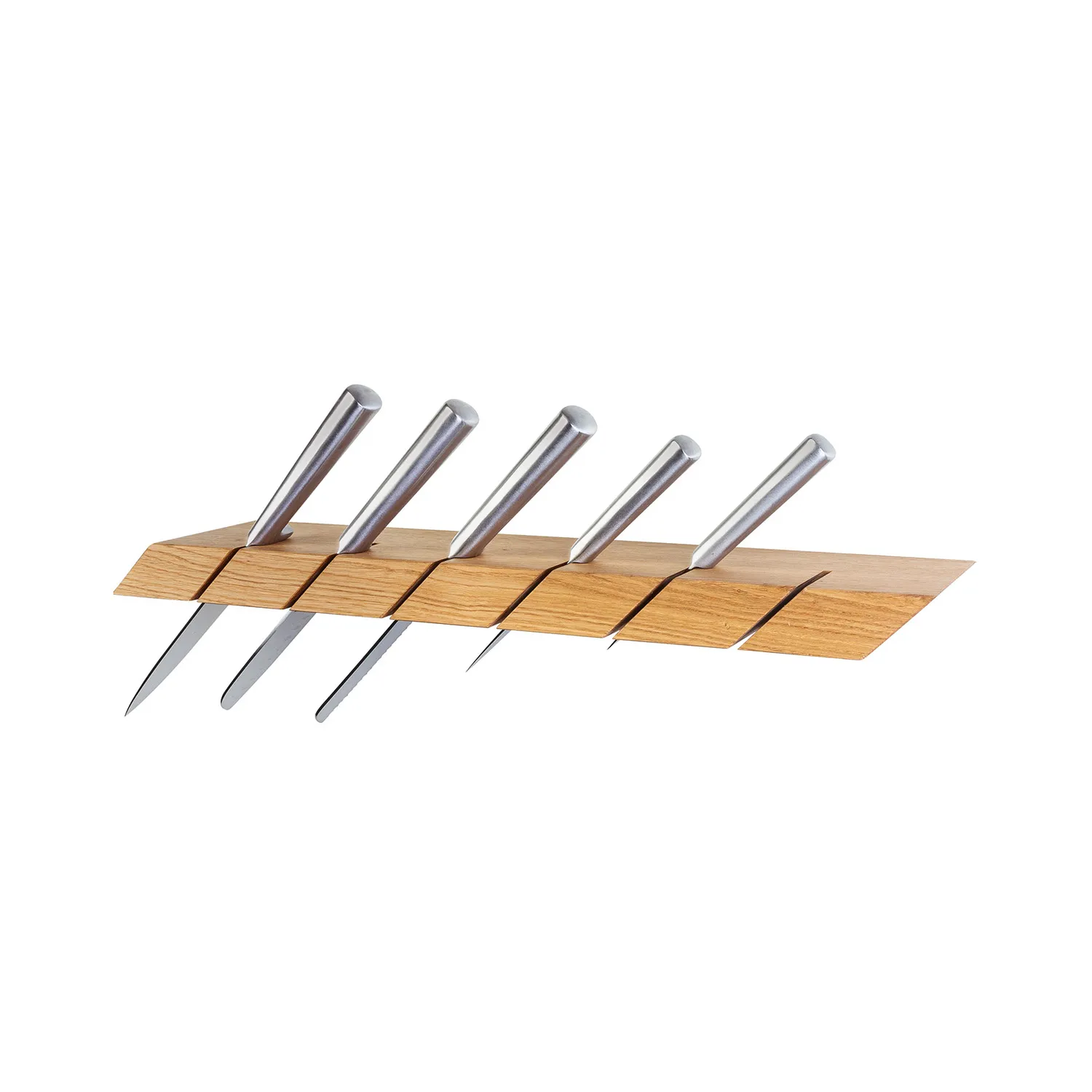 Messerhalter zur Wandmontage aus einem Stück Massivholz mit Messern in Aussparungen