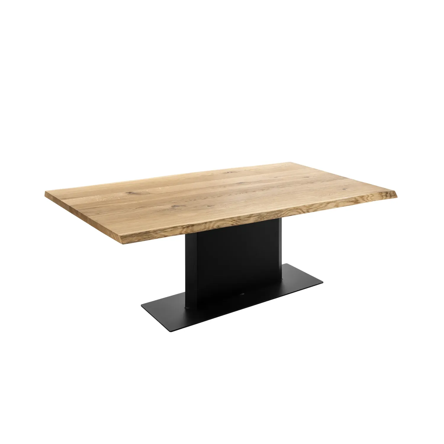 Massivholztisch aus Wildeichenbohlen mit schwarzem Stahlsäulengestell