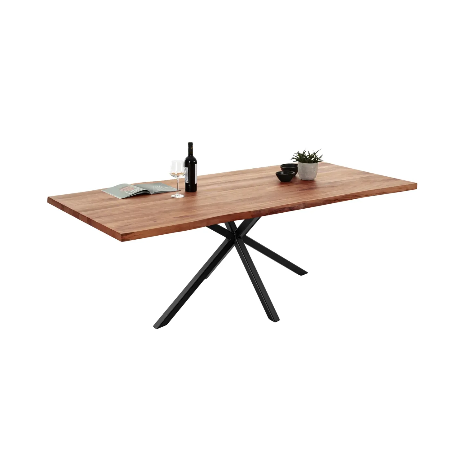 Tisch aus Apfelbaum Massivholz mit Spider III Gestell aus Stahl und Baumkante